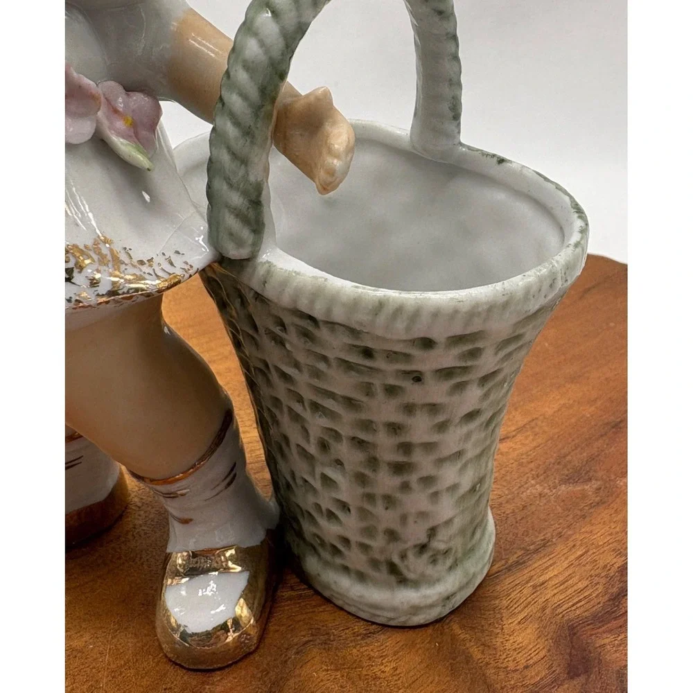 Vintage Vase Porcelain Girl With Basket Planter Long Lashes With Flowers